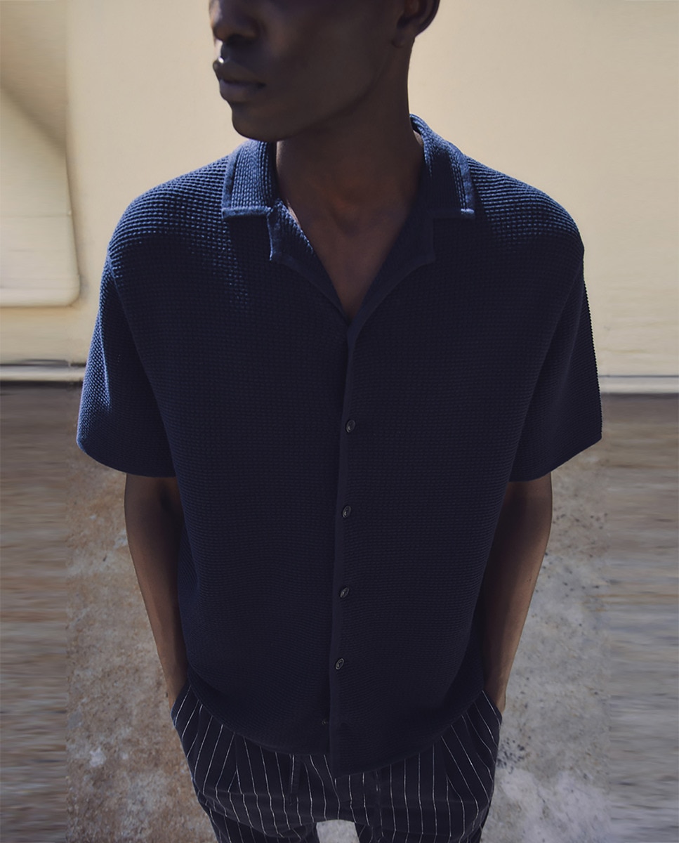 Camisola de Malha Tipo Polo Rendilhado Azul-marinho-3