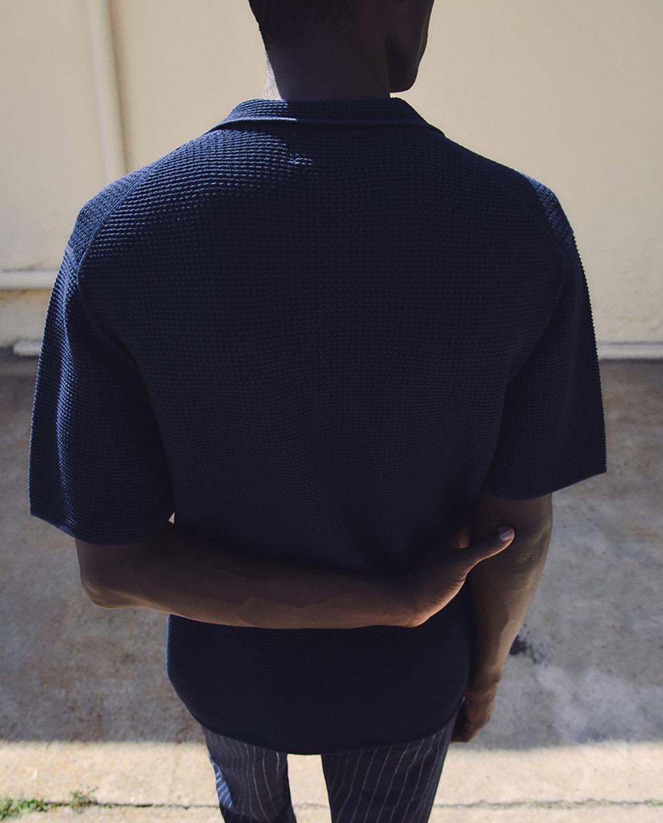 Camisola de Malha Tipo Polo Rendilhado Azul-marinho-5