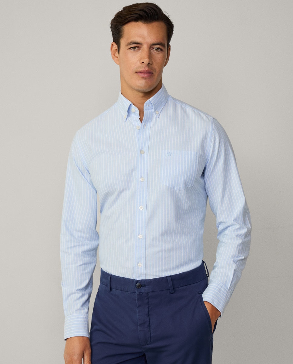 Camisa Oxford de Corte Clássico às Riscas Tamanhos Grandes Azul-claro-1