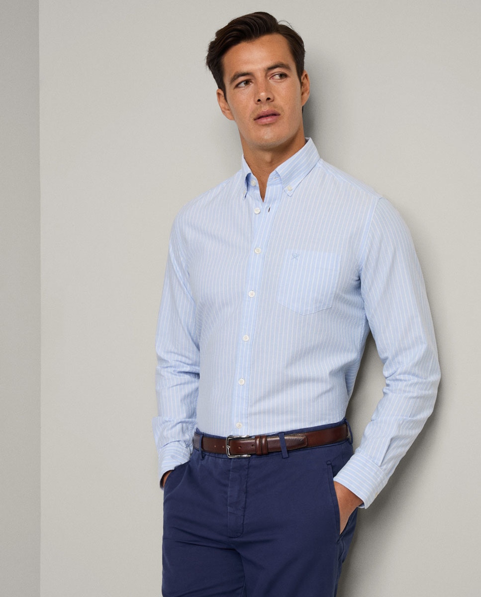 Camisa Oxford de Corte Clássico às Riscas Tamanhos Grandes Azul-claro-2