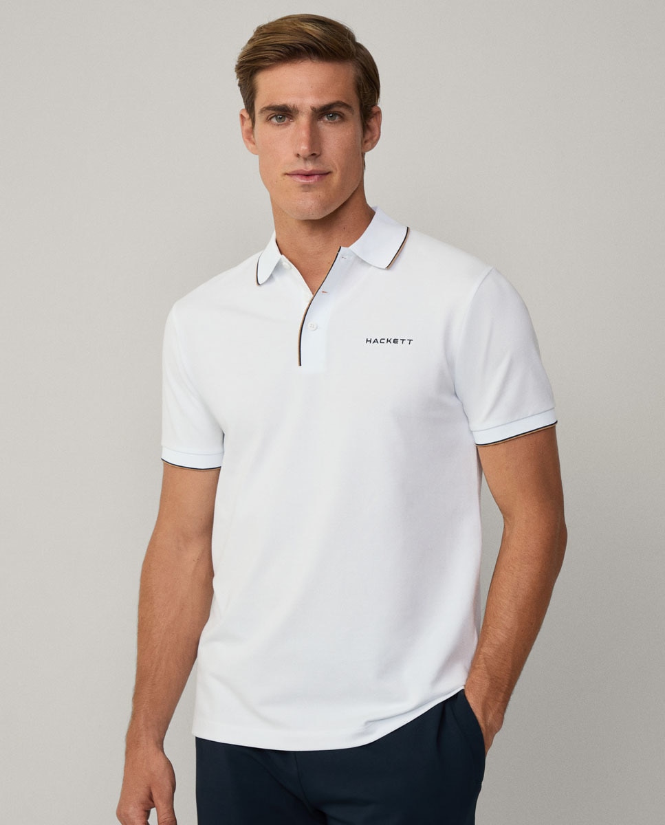 Polo de Corte Clássico em Algodão Elástico com Debruados Tamanhos Grandes Branco-1