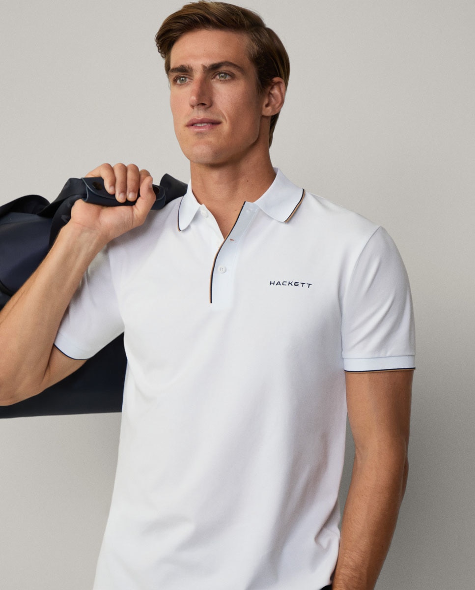 Polo de Corte Clássico em Algodão Elástico com Debruados Tamanhos Grandes Branco-2