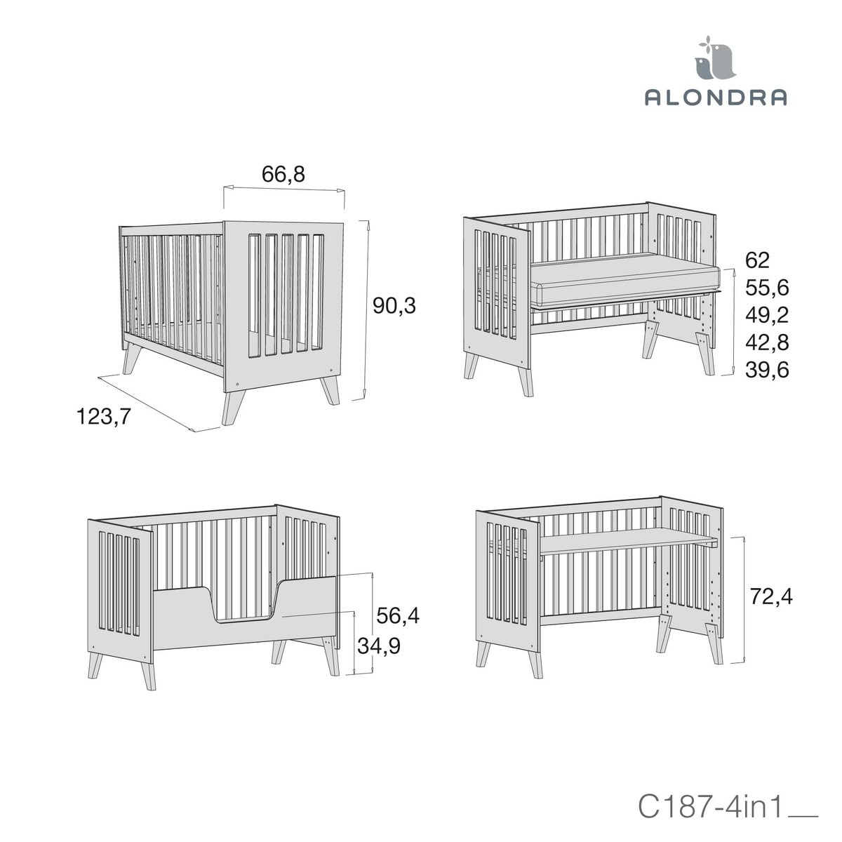 Berço de Co-Sleeping-Cama-Secretária 60x120 cm (4 em 1) Nexor Esmeralda-6