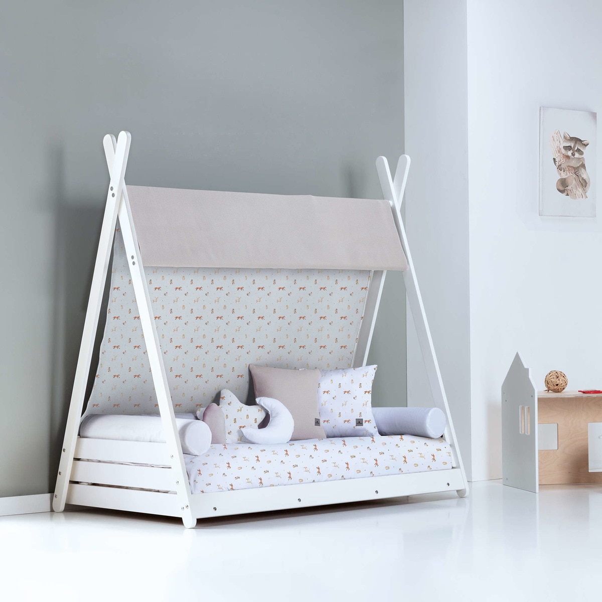 Cama-Cabana Montessori 70x140 cm com Têxtil Homy - Branco Cinzento-claro-2
