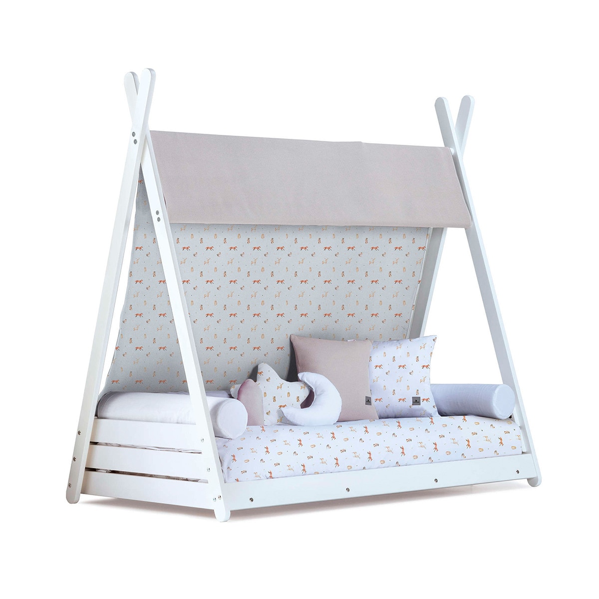 Cama-Cabana Montessori 70x140 cm com Têxtil Homy - Branco Cinzento-claro-1