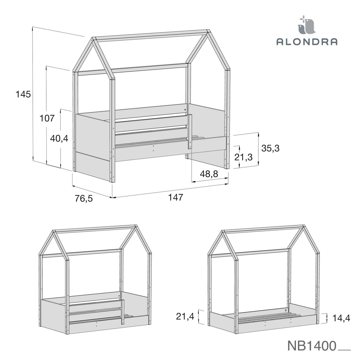Cama Montessori com Gaveta Inferior e Barreiras 70x140 cm Sogni Branco-4