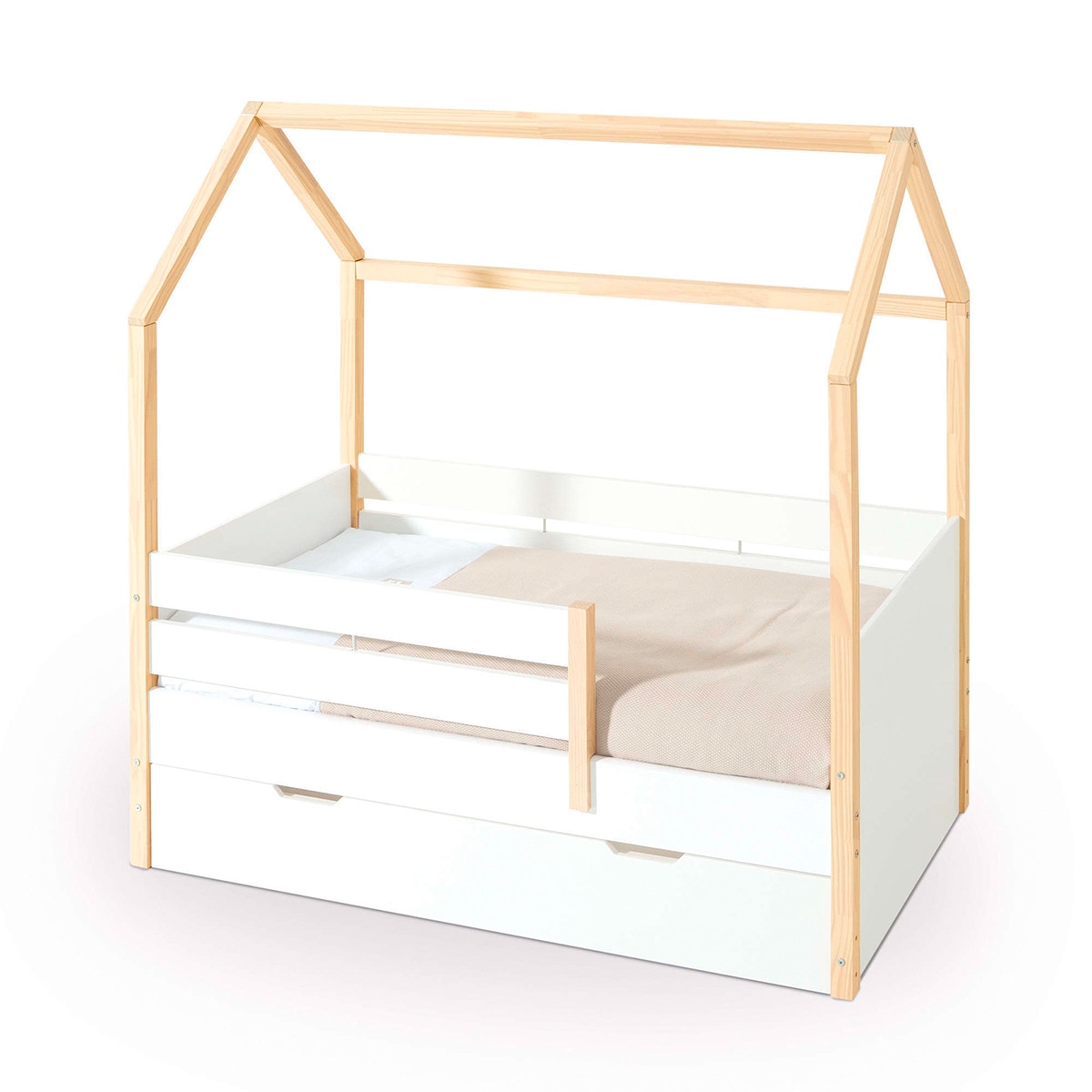 Cama Montessori com Gaveta Inferior e Barreiras 70x140 cm Sogni Branco-1