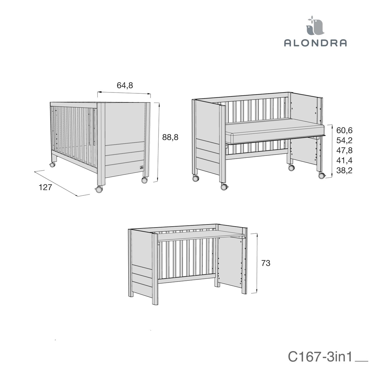 Cama de Co-Sleeping 60x120 cm (3 em 1) Ombra Cinzento-escuro-5