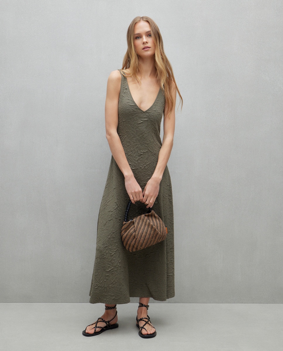 Vestido Midi Gofrado com Alças Caqui-1