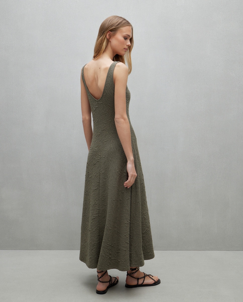 Vestido Midi Gofrado com Alças Caqui-2