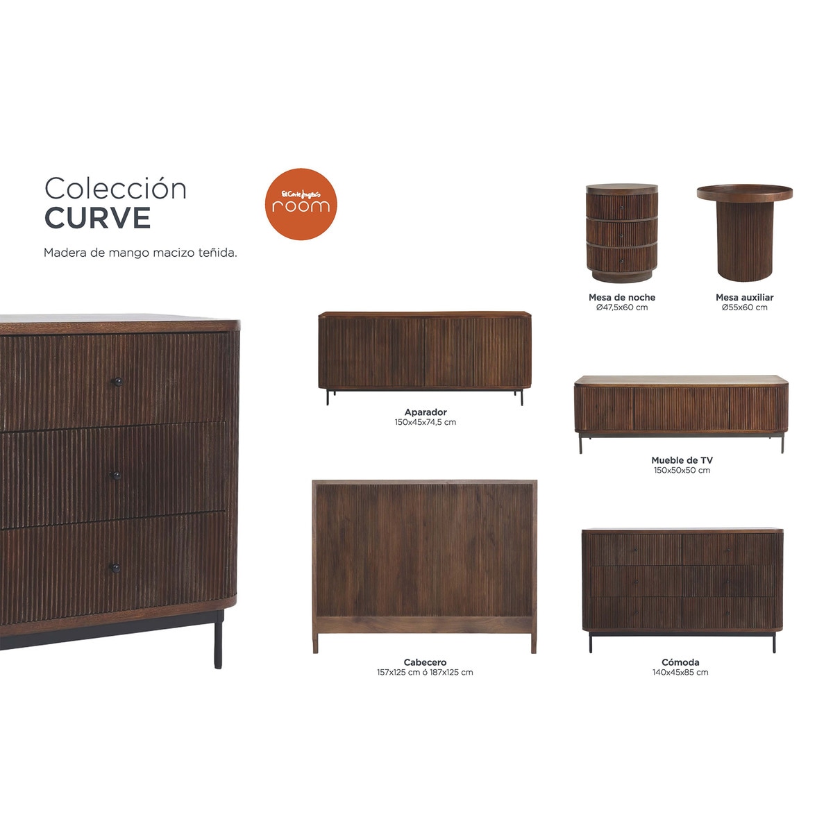 Cómoda de madera de mango de 6 cajones Curve Room - El Corte Inglés Nogal-11