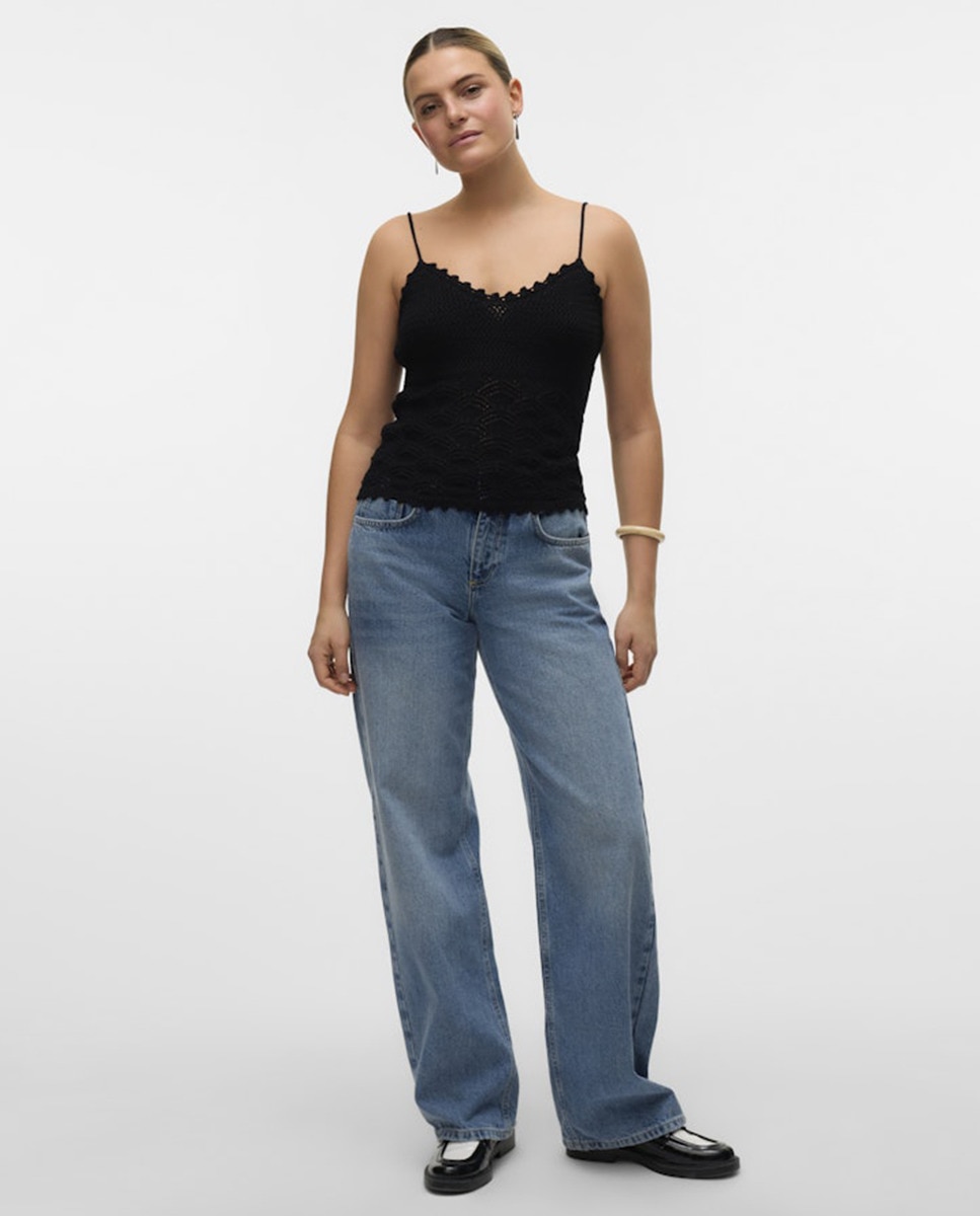 Top de Alças de Malha de Crochet Preto-6