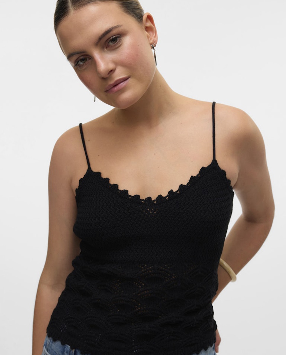 Top de Alças de Malha de Crochet Preto-3