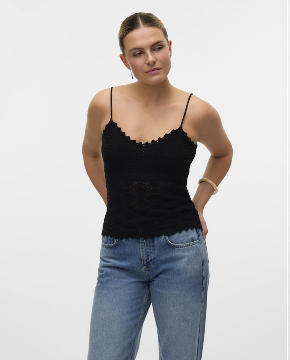 Top de Alças de Malha de Crochet Preto-1
