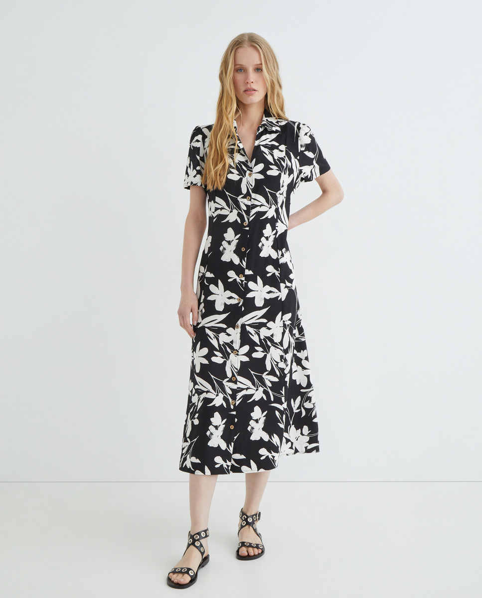 Vestido estampado com manga curta Preto-1