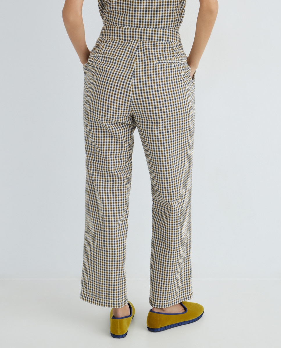 Pantalón de mujer de cuadros de algodón combinado Verde-3