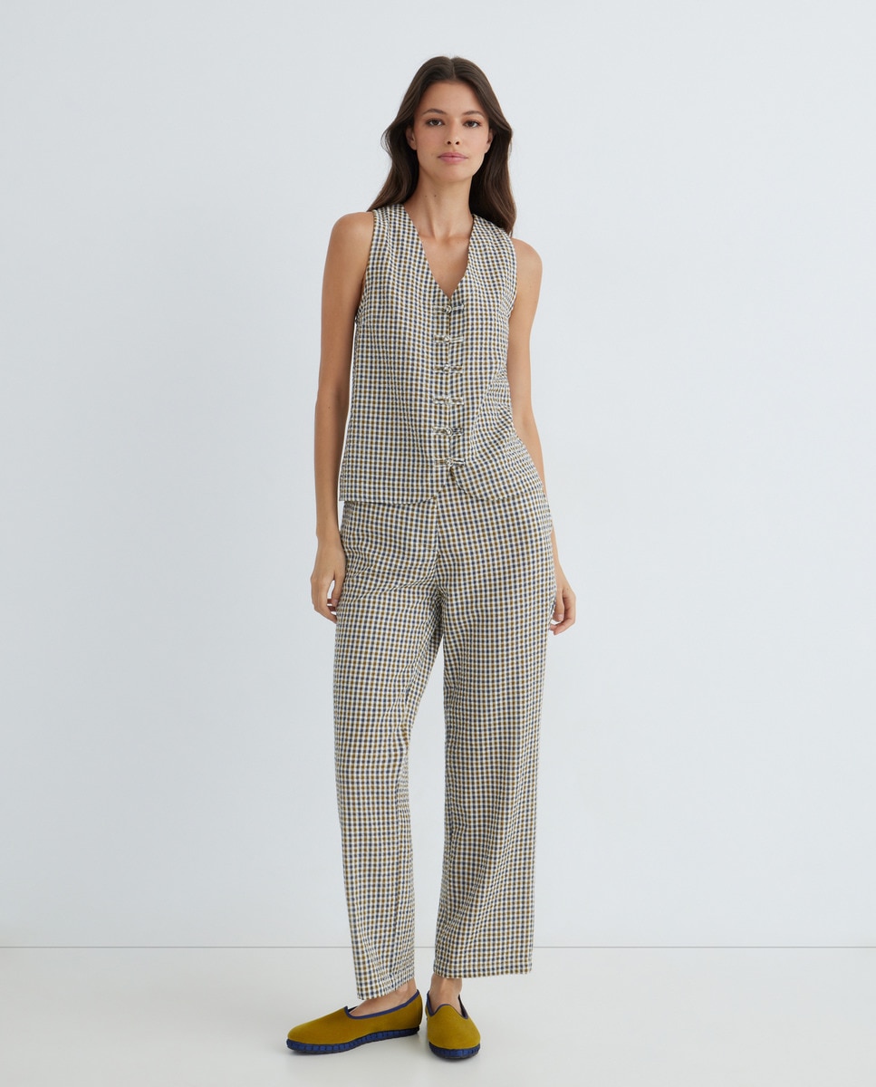 Pantalón de mujer de cuadros de algodón combinado Verde-1