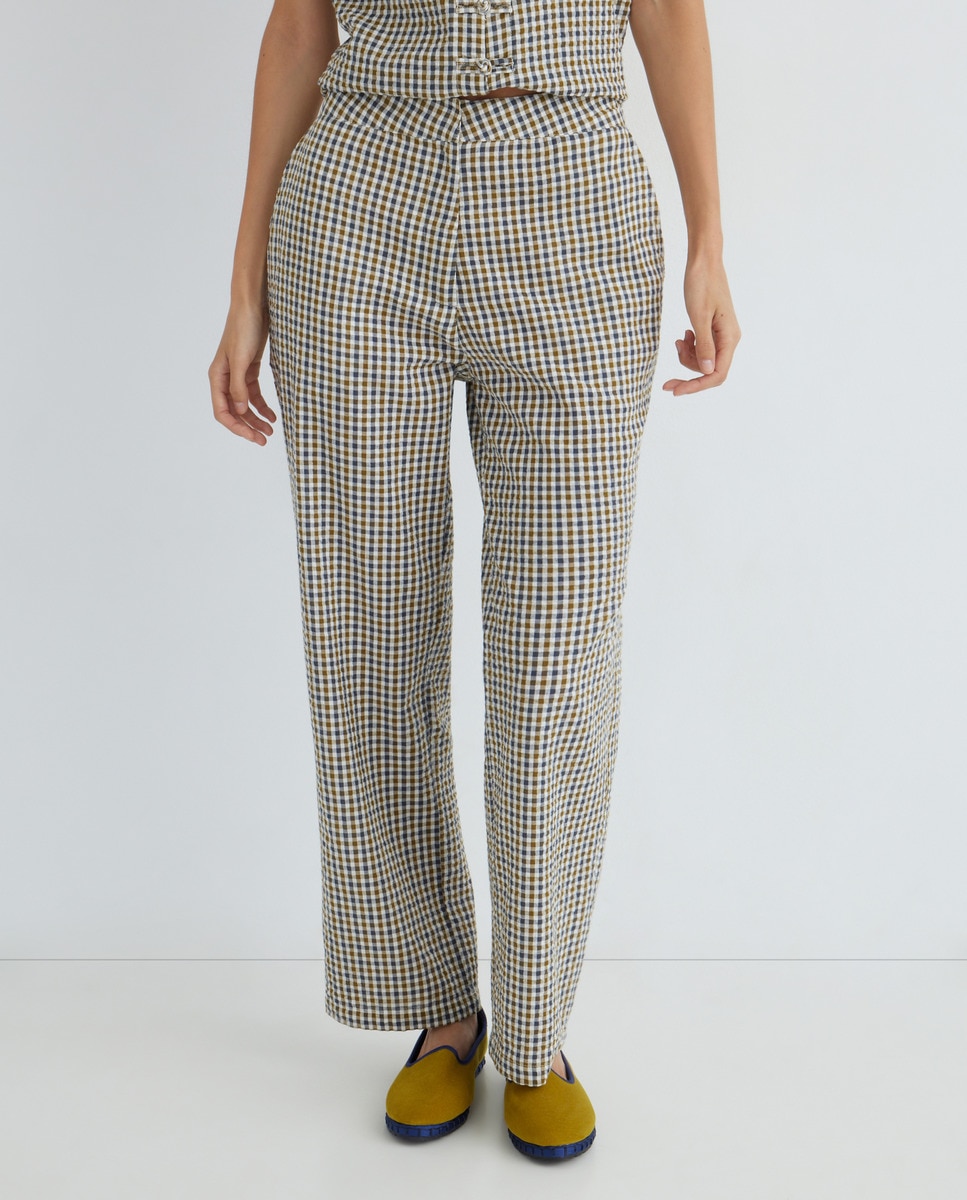 Pantalón de mujer de cuadros de algodón combinado Verde-2