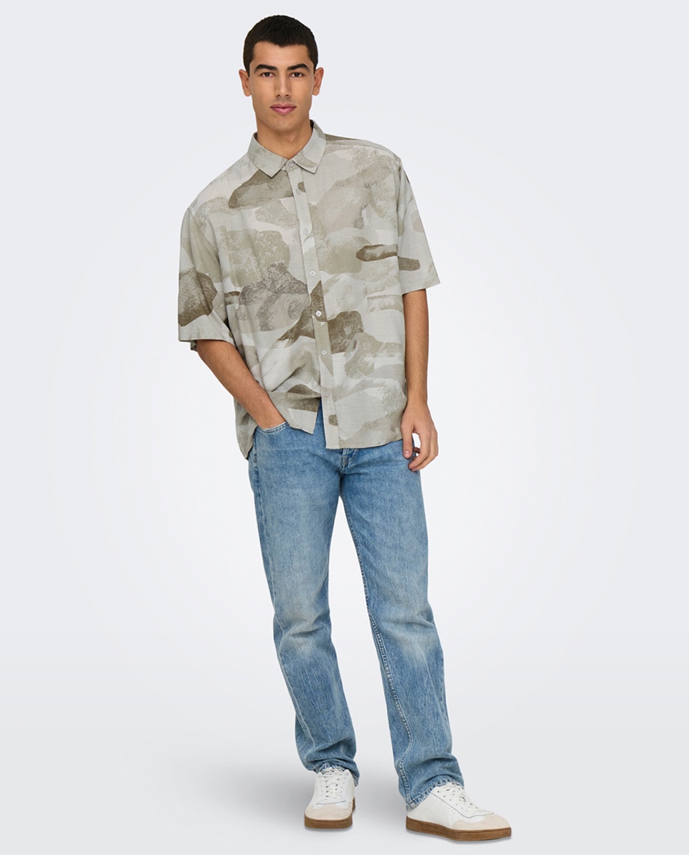 Camisa de Manga Curta em Viscose Bege-5
