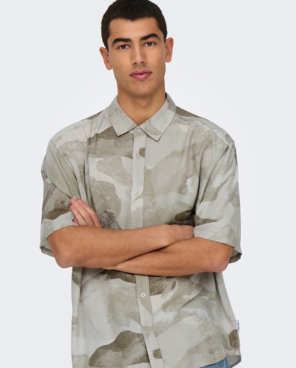 Camisa de Manga Curta em Viscose Bege-4