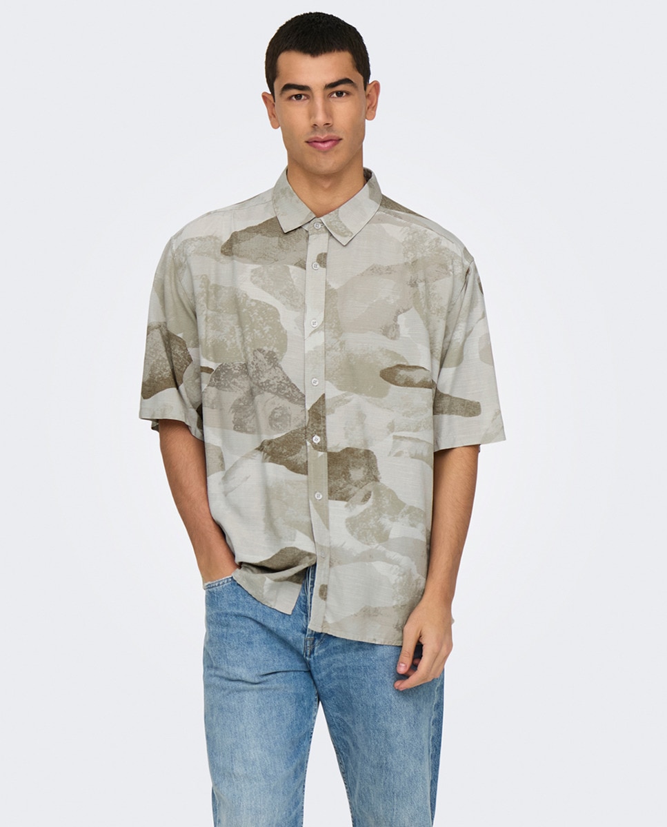 Camisa de Manga Curta em Viscose Bege-1
