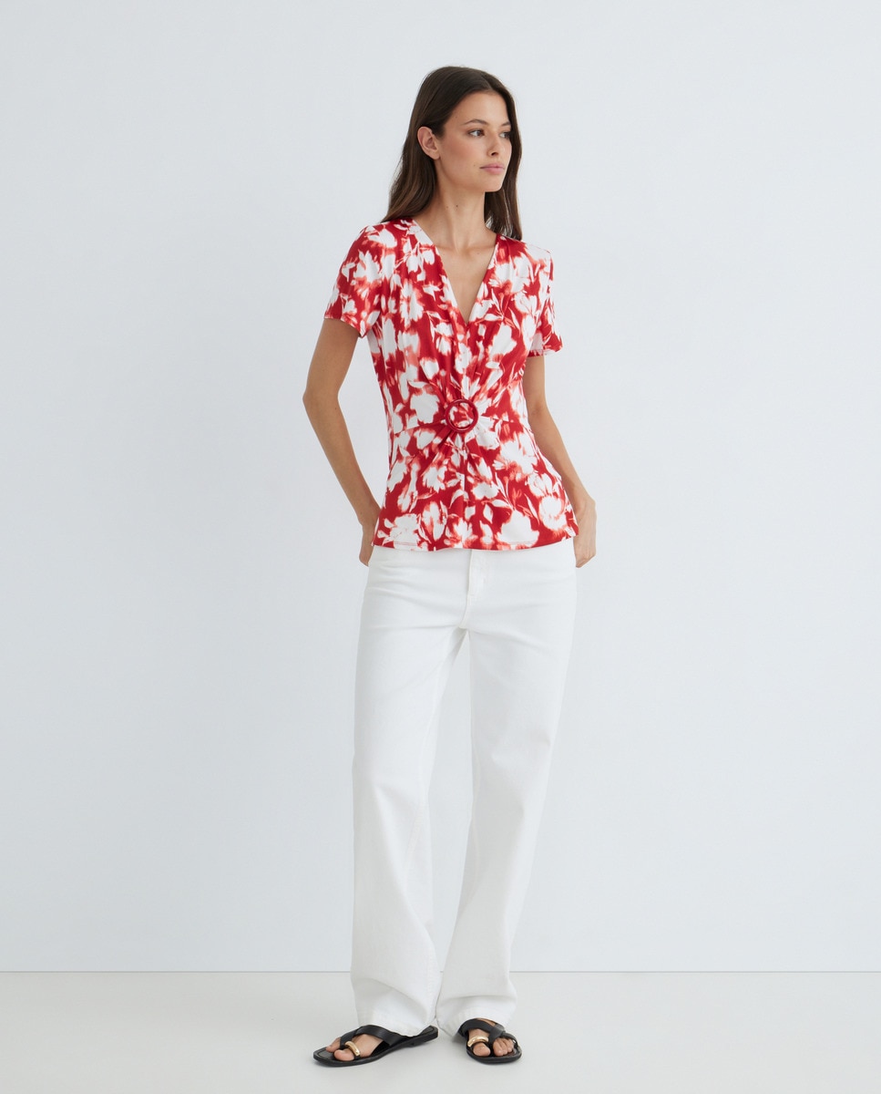 T-shirt estampada de mulher com manga curta Coral-1