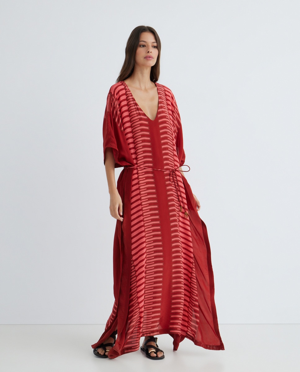 Kaftan com Estampado Geométrico e Cinto de Pérolas 660 Laranja-4