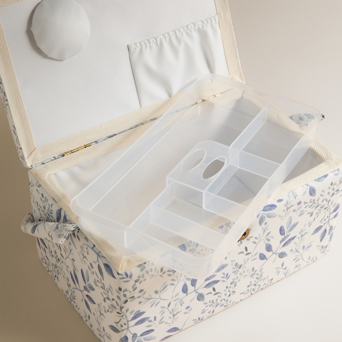 Caixa de Costura Retangular com Alça Folhas Azul-2