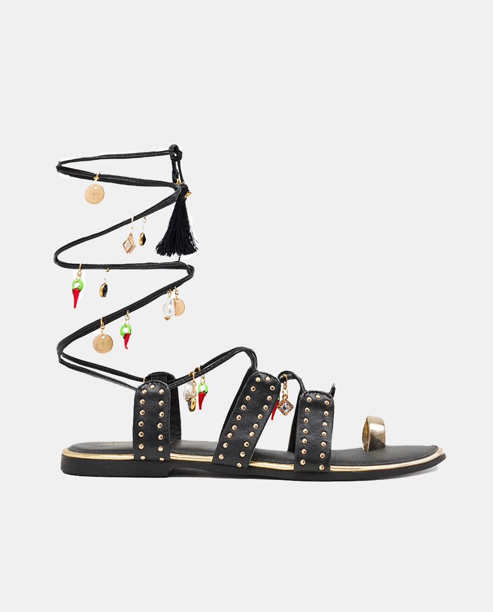 Sandálias de Pele com Missangas, Tachas e Franjas Preto-1