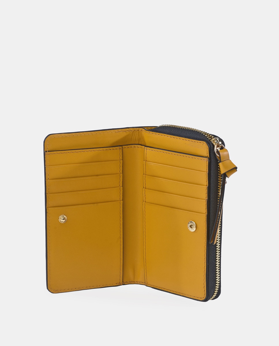 Porta-Moedas em Pele Lisa com Fecho de Correr - Preto Mostarda-3