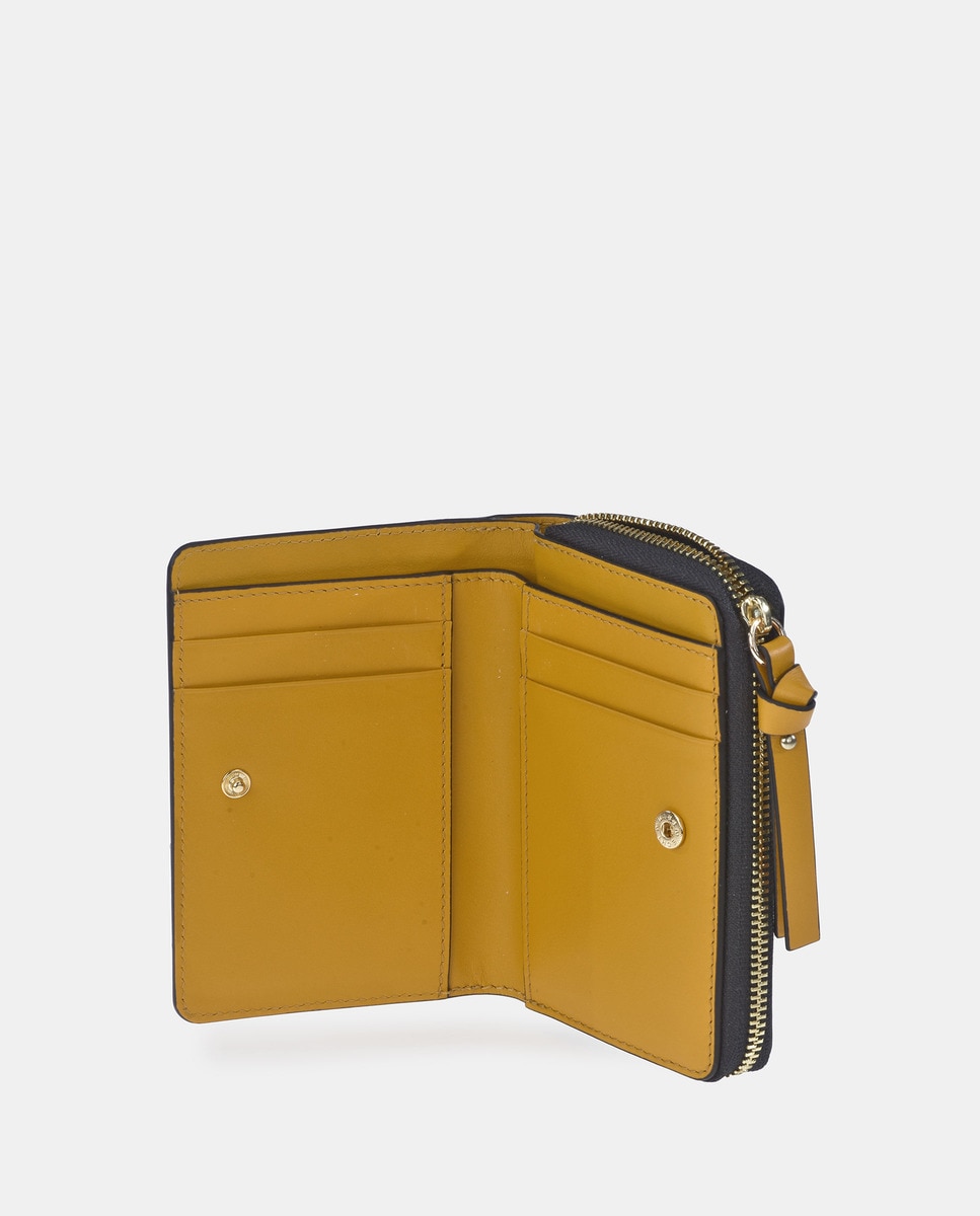 Porta-Moedas Pequeno em Pele Lisa com Fecho de Correr - Preto Mostarda-4