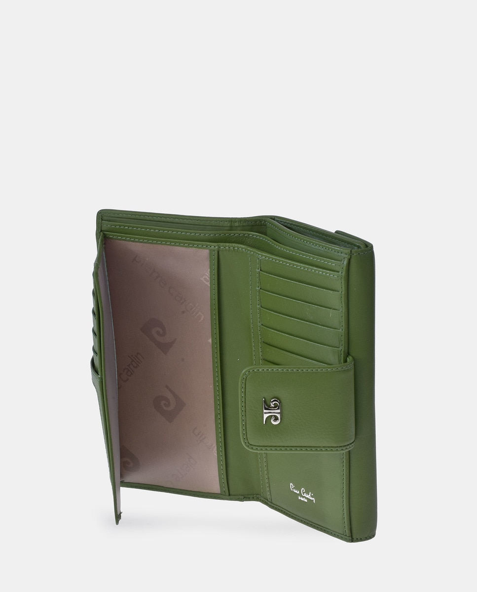 Porta-Moedas Grande com Secção para Notas em Pele com Efeito de Padrão Espinha de Peixe Verde-4