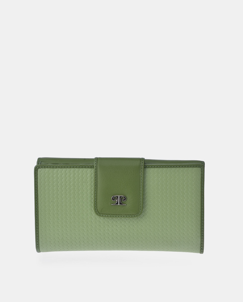 Porta-Moedas Grande com Secção para Notas em Pele com Efeito de Padrão Espinha de Peixe Verde-1