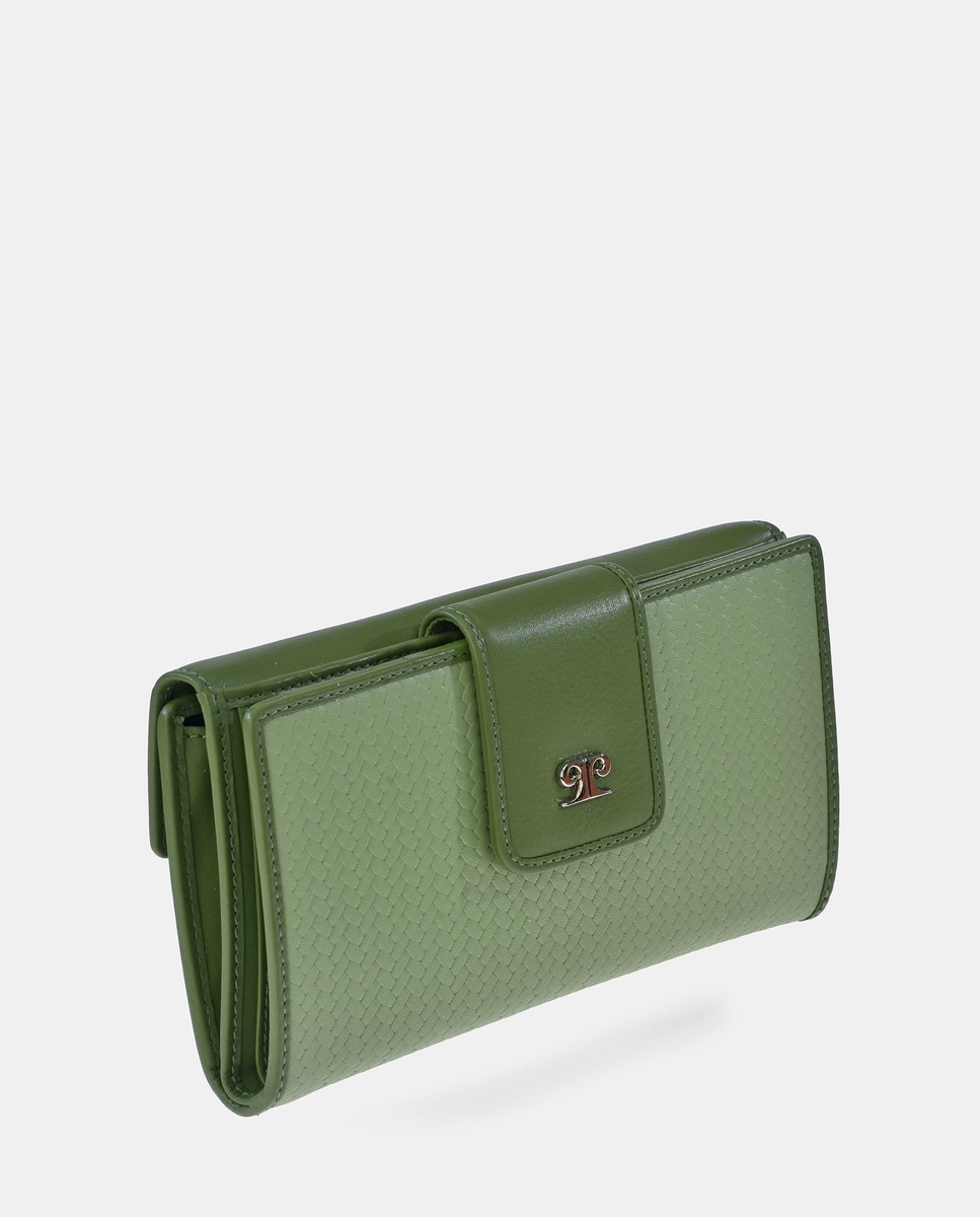 Porta-Moedas Grande com Secção para Notas em Pele com Efeito de Padrão Espinha de Peixe Verde-2