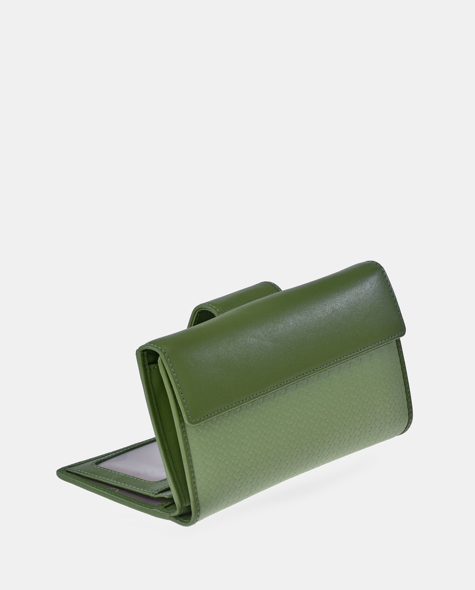 Porta-Moedas Grande com Secção para Notas em Pele com Efeito de Padrão Espinha de Peixe Verde-3