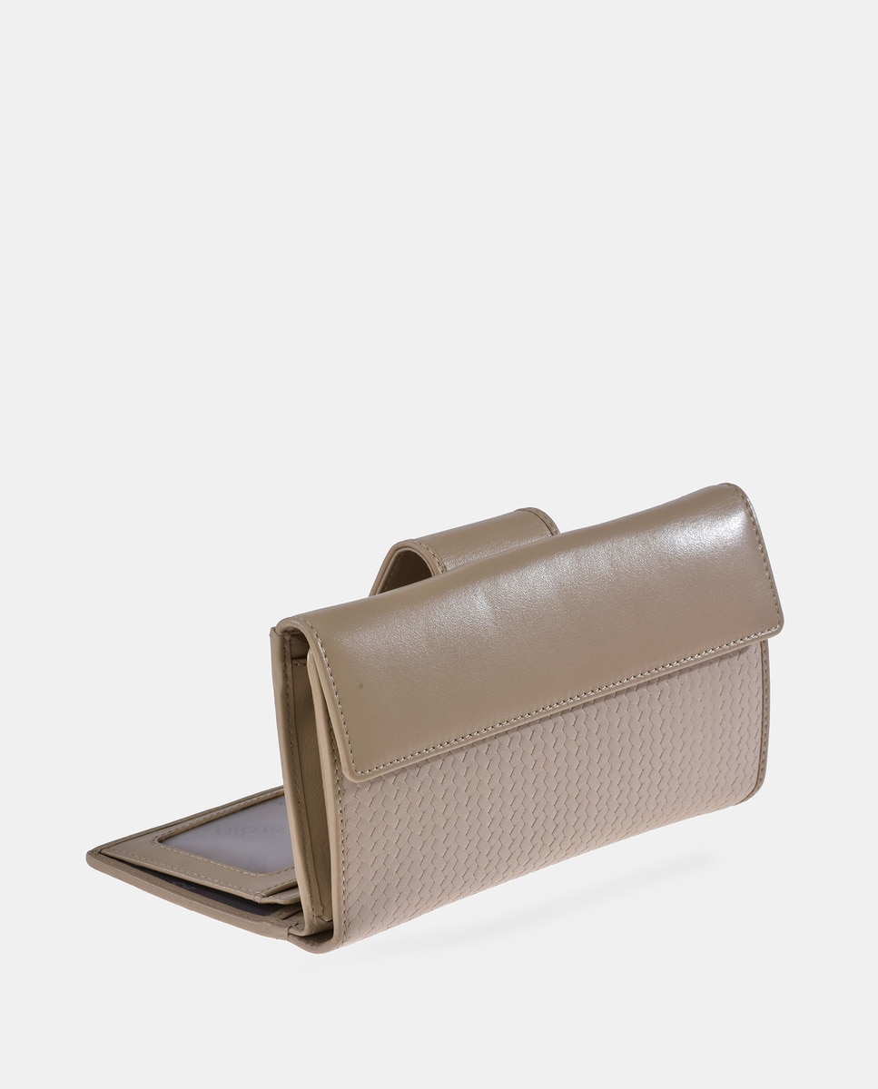 Porta-Moedas Grande com Secção para Notas em Pele com Efeito de Padrão Espinha de Peixe Bege-3