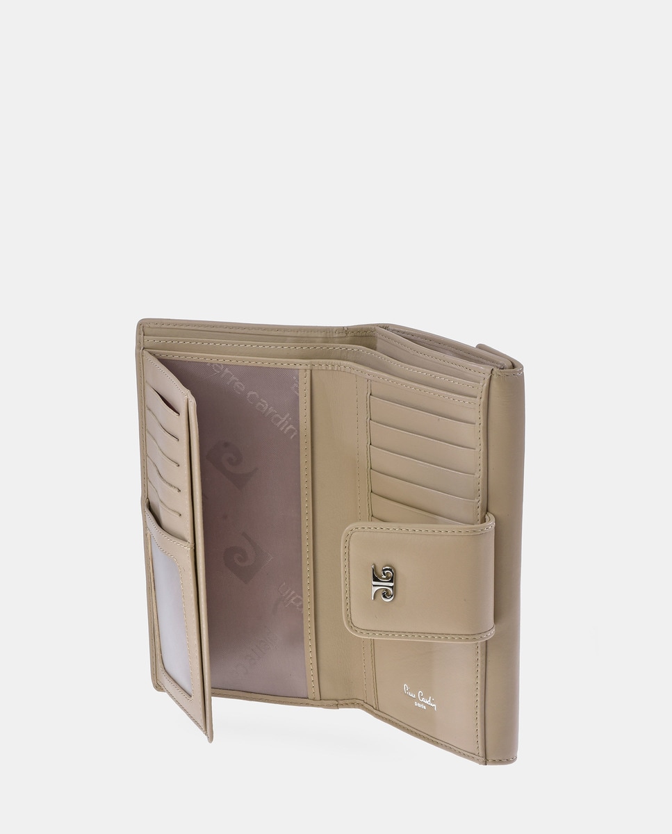 Porta-Moedas Grande com Secção para Notas em Pele com Efeito de Padrão Espinha de Peixe Bege-4
