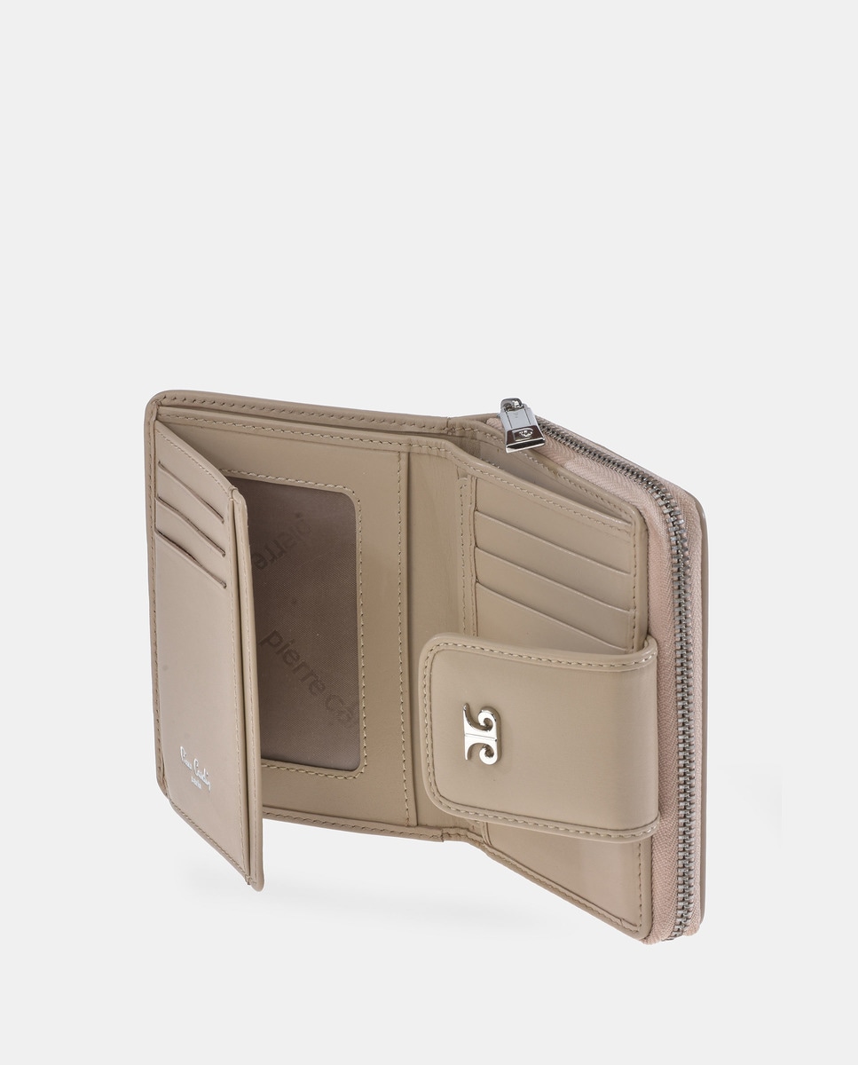 Porta-Moedas Pequeno com Secção para Notas em Pele com Efeito Padrão Espinha de Peixe Bege-4