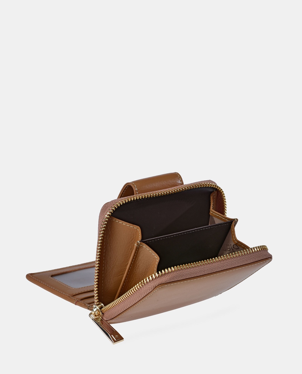 Porta-Moedas Pequeno em Pele com Secção para Notas Castanho-claro-3
