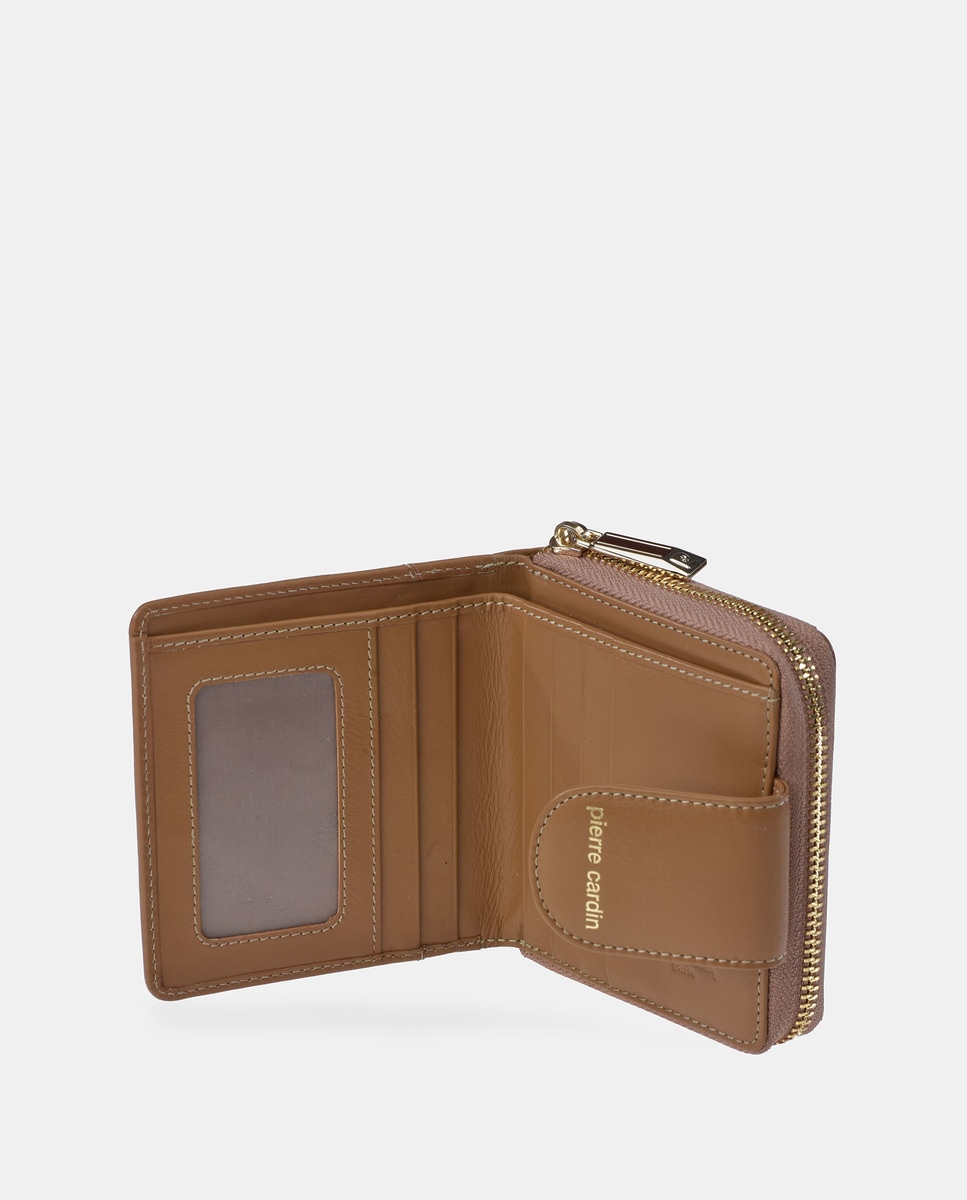 Porta-Moedas Pequeno em Pele com Secção para Notas Castanho-claro-4