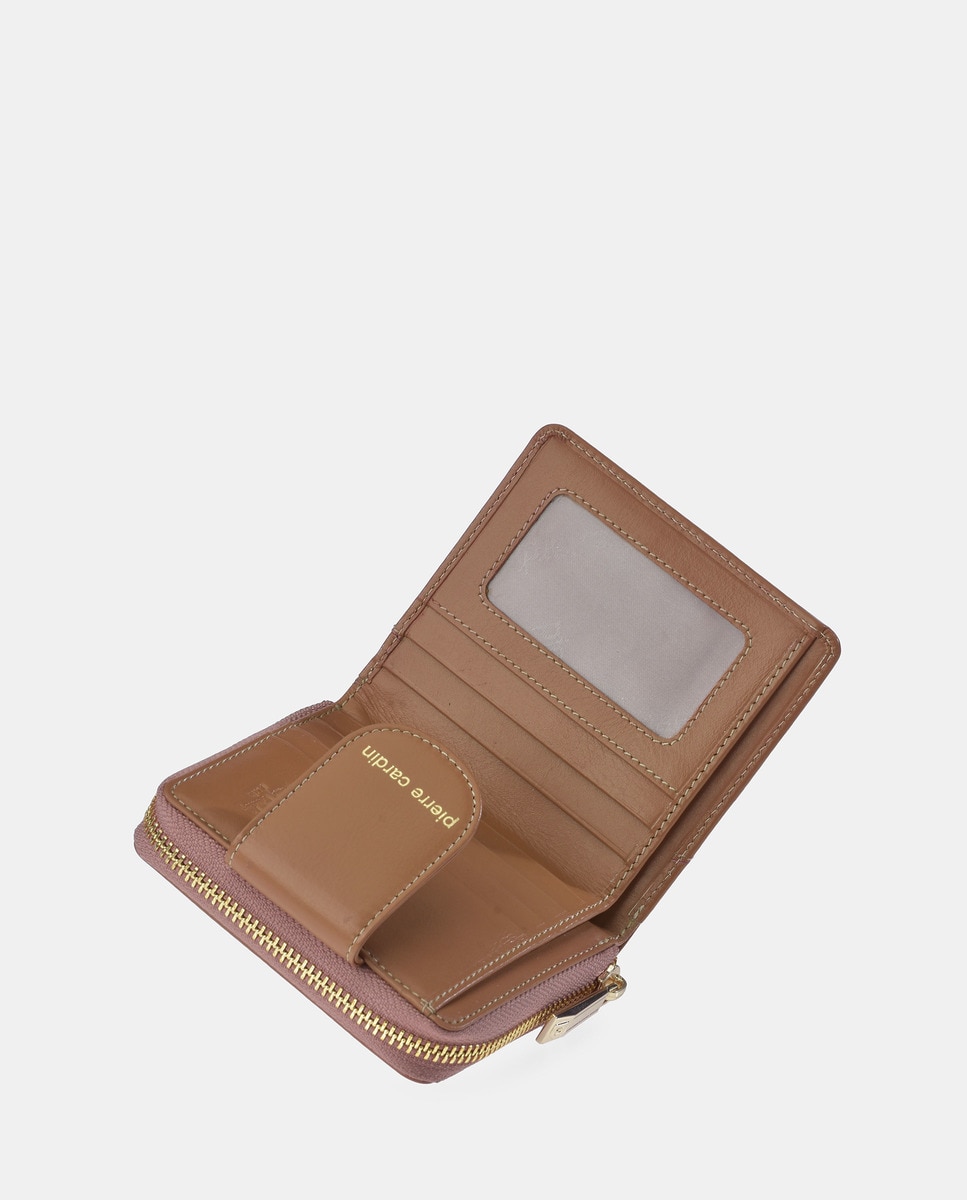 Porta-Moedas Pequeno em Pele com Secção para Notas Castanho-claro-5