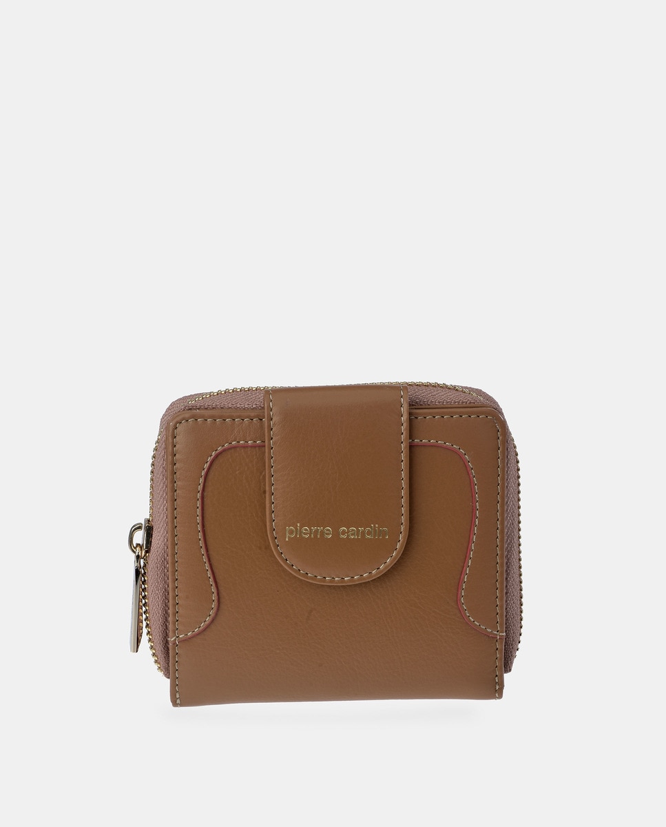 Porta-Moedas Pequeno em Pele com Secção para Notas Castanho-claro-1