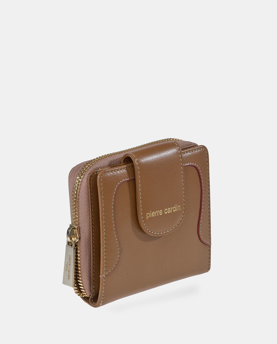 Porta-Moedas Pequeno em Pele com Secção para Notas Castanho-claro-2