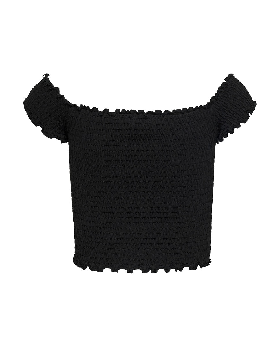 Crop Top com Tecido Smock e Decote à Barco Preto-6