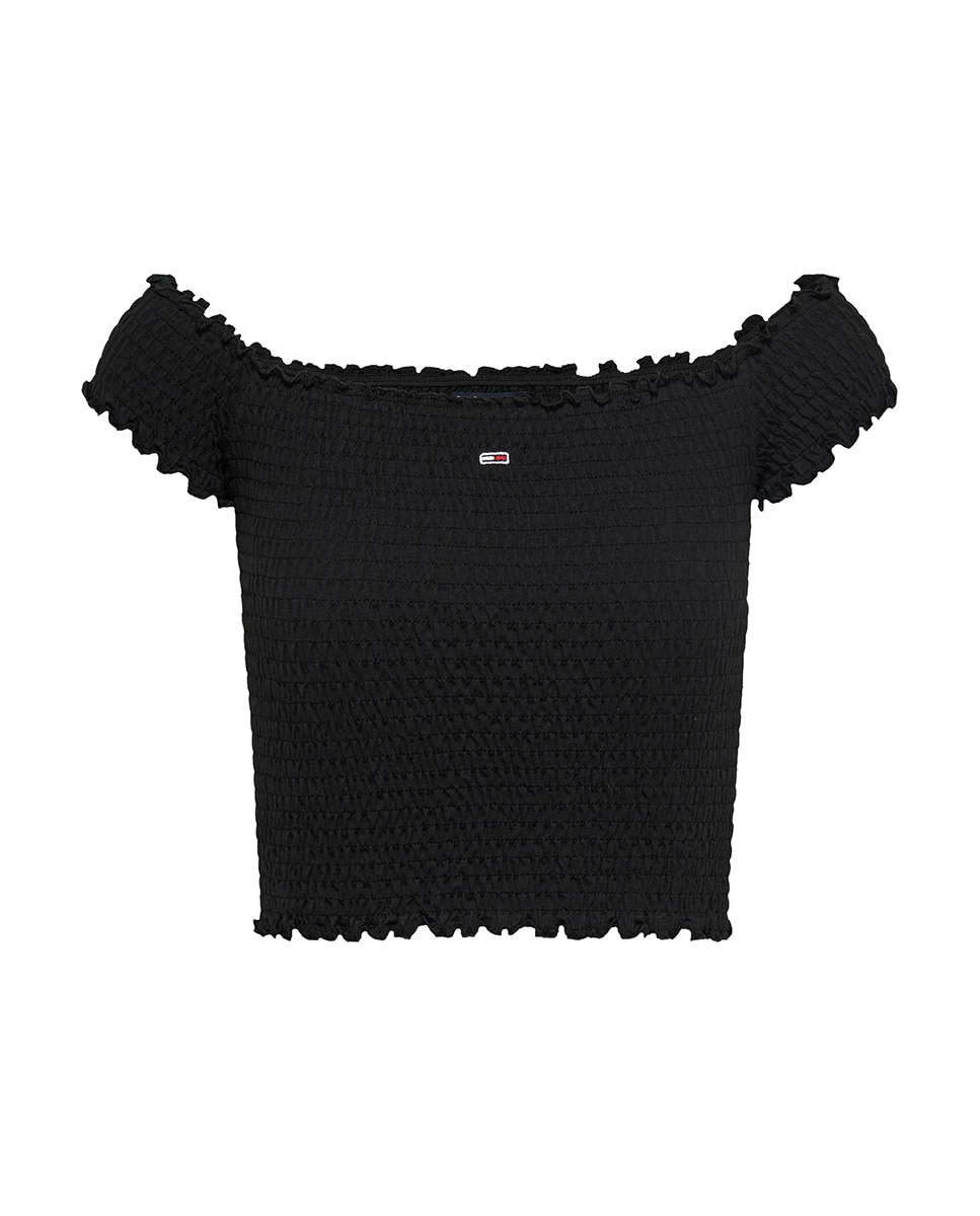 Crop Top com Tecido Smock e Decote à Barco Preto-5