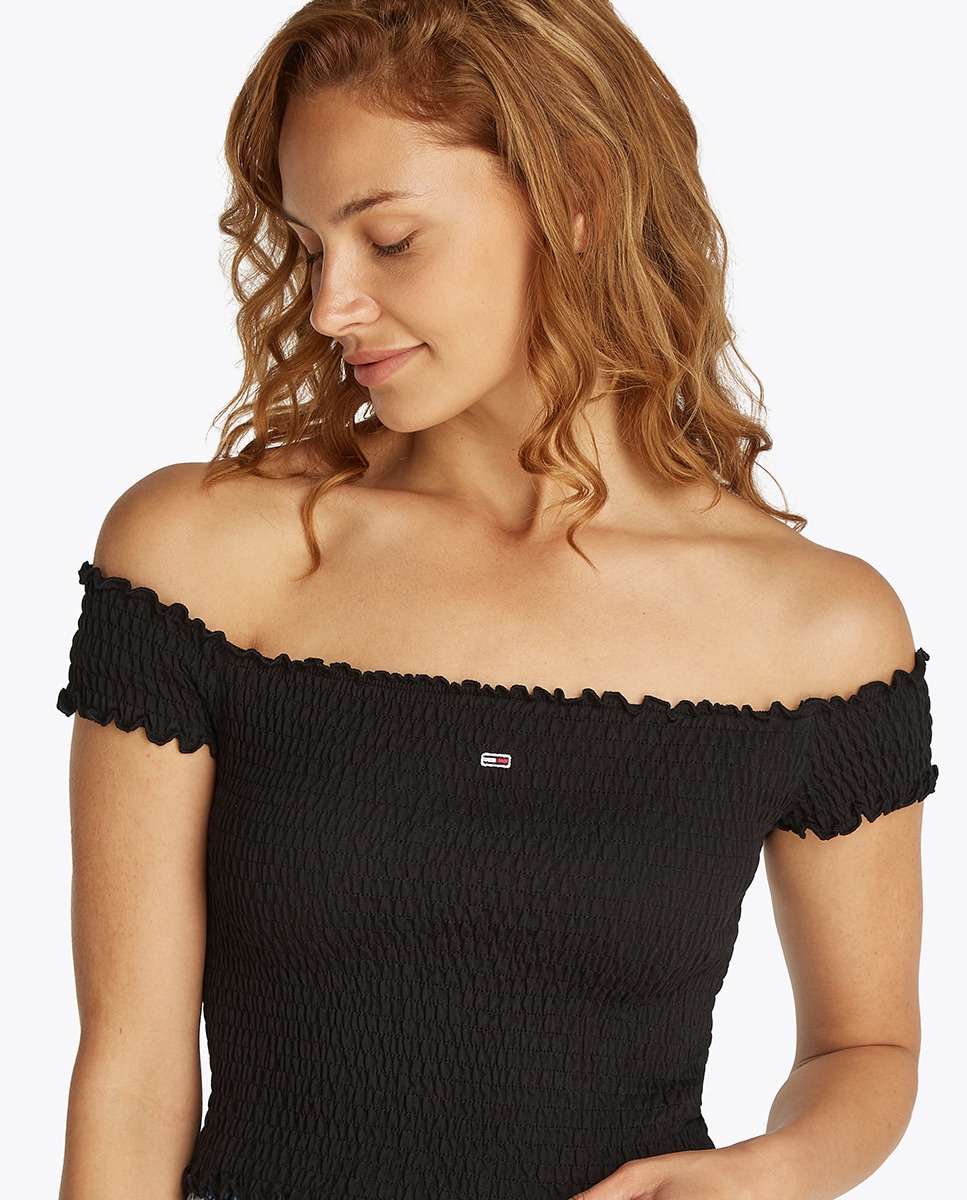 Crop Top com Tecido Smock e Decote à Barco Preto-4