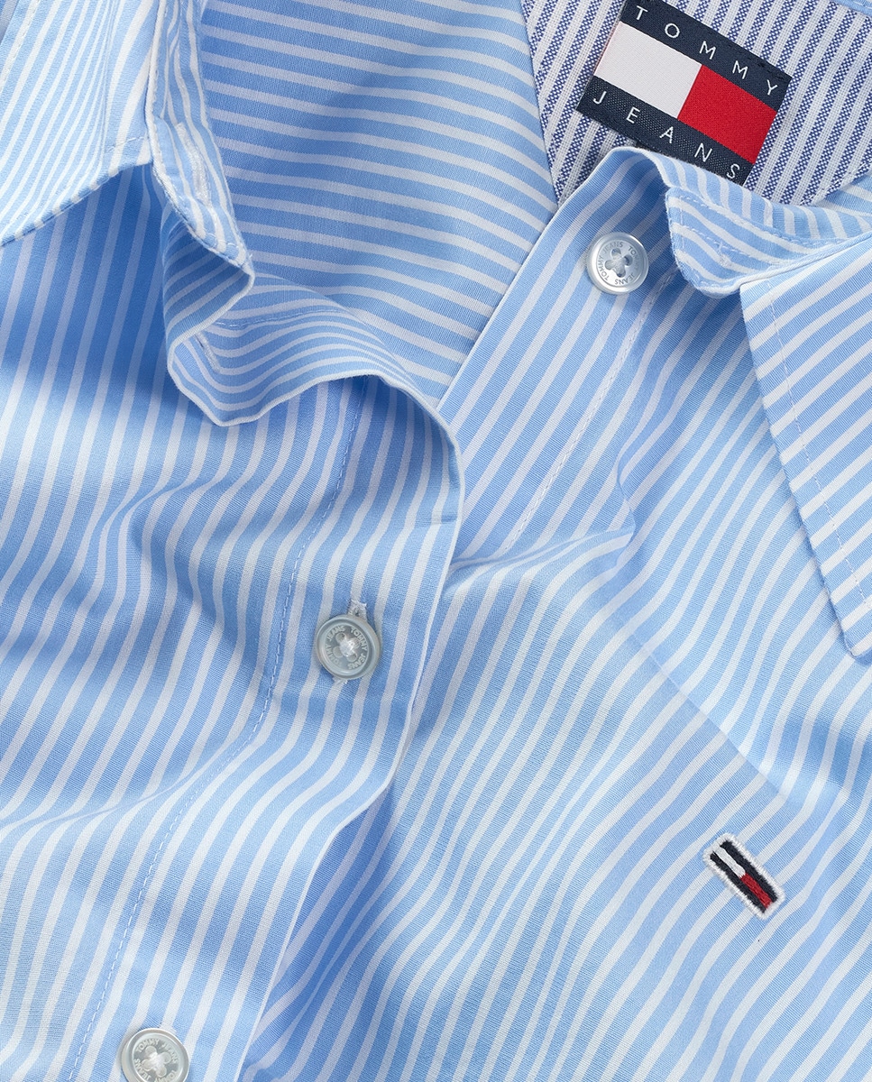 Camisa de Popelina com Desenho às Riscas e sem Mangas Azul-claro-7
