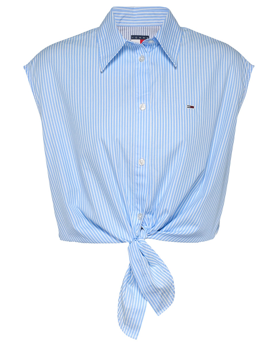 Camisa de Popelina com Desenho às Riscas e sem Mangas Azul-claro-5