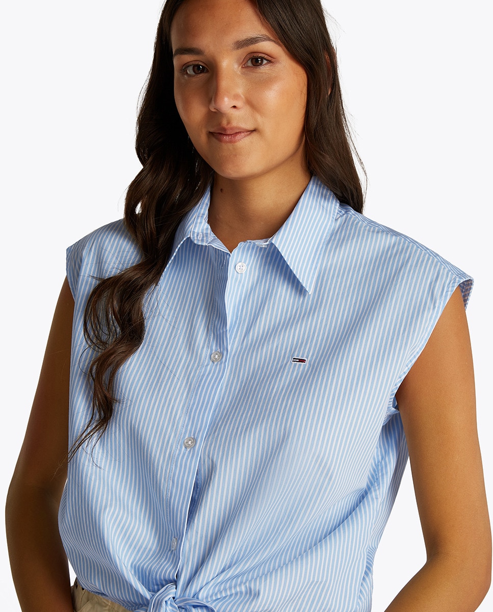 Camisa de Popelina com Desenho às Riscas e sem Mangas Azul-claro-4