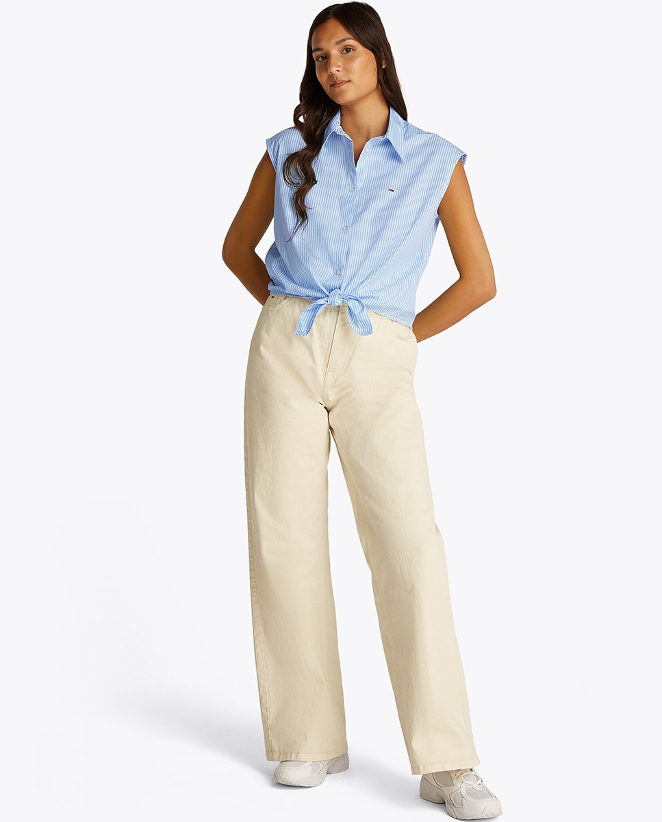 Camisa de Popelina com Desenho às Riscas e sem Mangas Azul-claro-2